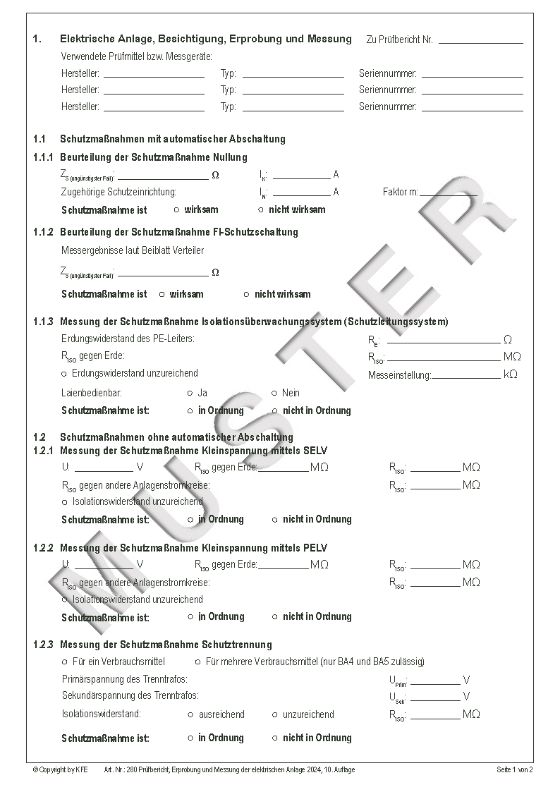 280 Prüfbefund Elektrische Anlage, Erproben und Messen