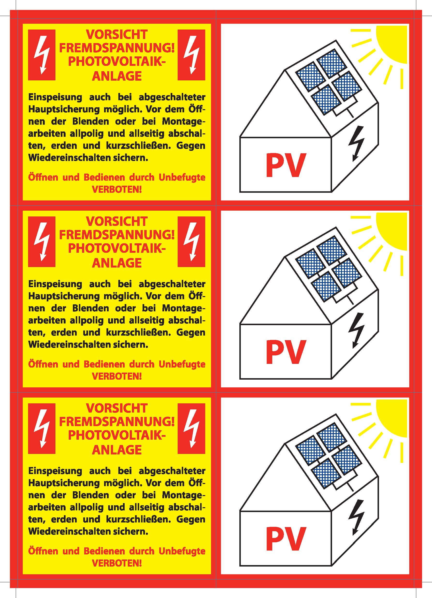 Aufkleber Fremdspannung Photovoltaik (6 Aufkleber)